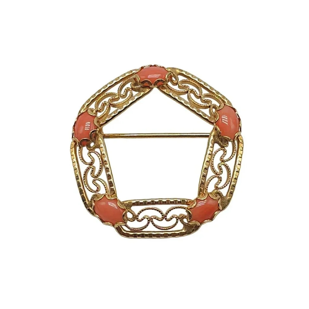 1/20 12k Gold Filled Openwork Coral Round Brooch Pin Vintage